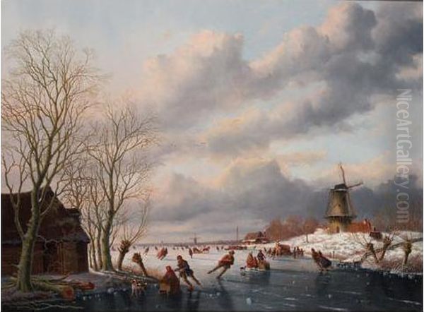 A Winter Landscape With Skaters On A Frozen River, A Windmill Beyond - view 1