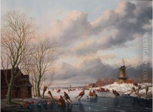 A Winter Landscape With Skaters On A Frozen River, A Windmill Beyond by Anthony Andreas De Meijier