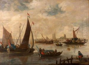 Bacs Et Bateaux Sur Une Riviere by Hendrick De Meijer