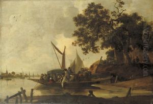 A Ferry With A Horse-drawn Carriage Crossing A River, Sailing Vessels And A Village Beyond by Hendrick De Meijer