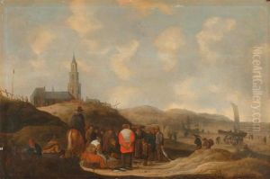 Strandansicht Mit Fischverkaufer. by Hendrick De Meijer