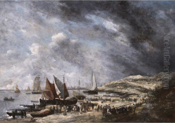 Winterliche Meeresbucht Mit Anliegenden Segelschiffen Und Reicher Figurenstaffage - view 1