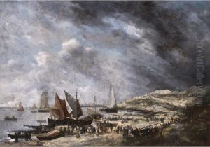 Winterliche Meeresbucht Mit Anliegenden Segelschiffen Und Reicher Figurenstaffage by Hendrick De Meijer