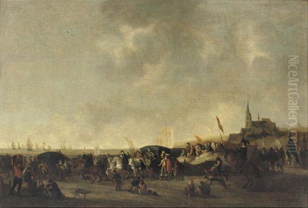 A Crowded Beach With An Elegant Horse-drawn Carriage, The Churchtower Of Scheveningen Beyond - view 1