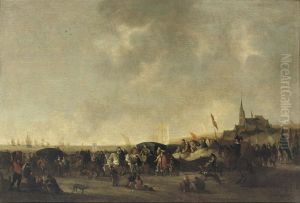 A Crowded Beach With An Elegant Horse-drawn Carriage, The Churchtower Of Scheveningen Beyond