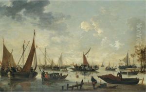 Boats And Ships On The River Maas, The Grote Kerk And Dordrecht In The Distance by Hendrick De Meijer