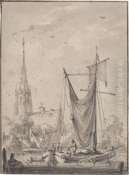 A Fishing Vessel In A Harbour, A Church Beyond - view 1