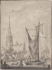 A Fishing Vessel In A Harbour, A Church Beyond by Hendrik Meijer