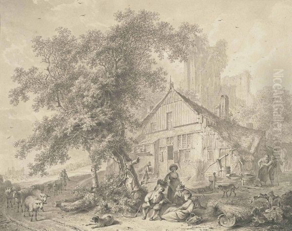 Harvesters Resting Beneath A Tree In A Farmyard - view 1