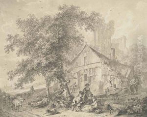 Harvesters Resting Beneath A Tree In A Farmyard by Hendrik Meijer