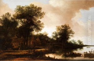 Landschaft Mit Teichufer Und Bauernhausern Unter Hohen Baumen by Pieter De Molijn