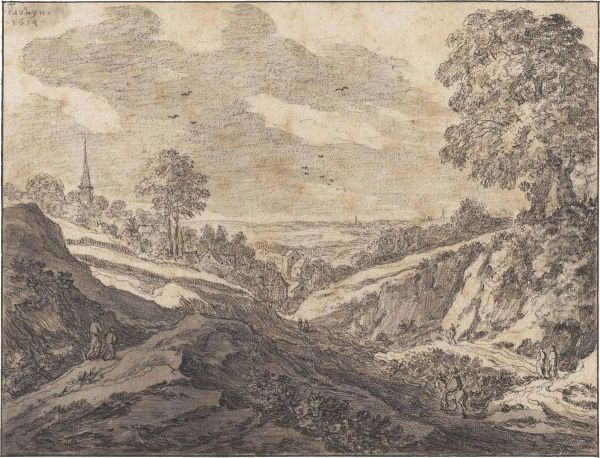 A Village In A Wooded Landscape, Travellers On A Path In The Foreground - view 1