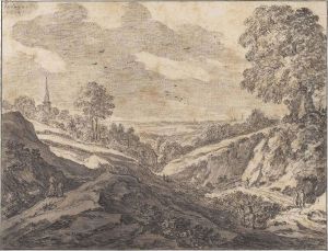 A Village In A Wooded Landscape, Travellers On A Path In The Foreground by Pieter De Molijn