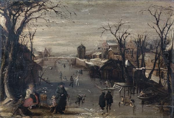 Patineurs Et Promeneurs Sur Une Riviere Gelee - view 1