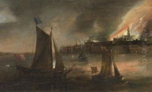 Zugeschrieben - Nachtliche Flusslandschaft Vor Einer Brennenden Hafenstadt