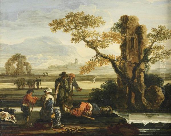 An Italianate Landscape With Herdsmen Resting Near A Ruinedtower - view 1