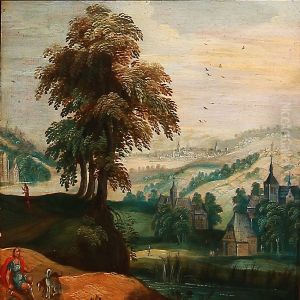 Hilly Landscape With Numerous Church Towers by Joos De Momper