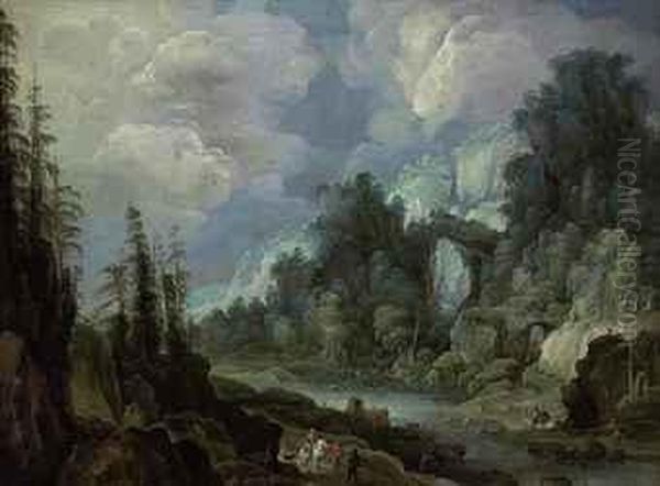 An Extensive Mountainous, River Landscape With Travellers - view 1