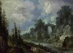 An Extensive Mountainous, River Landscape With Travellers by Philippe I De Momper