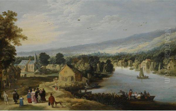 An Extensive Landscape With A Village Near A River, With An Elegant Family On A Path In The Foreground, A Ferryboat And Small Sailing Vessels In The Water, A Church Beyond - view 1