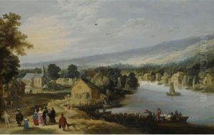 An Extensive Landscape With A Village Near A River, With An Elegant Family On A Path In The Foreground, A Ferryboat And Small Sailing Vessels In The Water, A Church Beyond