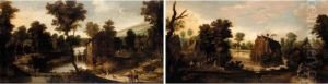 A Wooded Landscape With Figures On A Path And A Moated Castle Beyond A Wooded Landscape With Figures On A Path And A Moated Castle Beyond