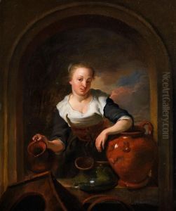 Junges Madchen Mit Krugen Im Steinernen Fensterrahmen by Louis de Moni