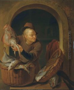 A Fish Seller At A Casement by Louis de Moni