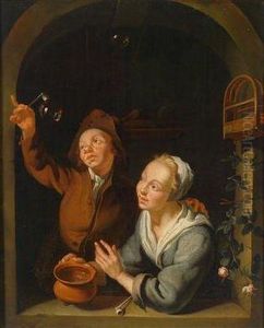 A Young Couple Making Soap Bubbles by Louis de Moni