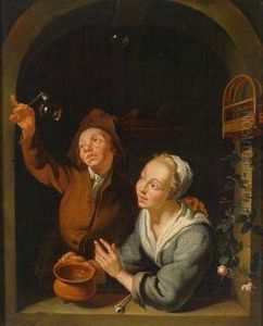 Einjunges Paar Beim Herstellen Von Seifenblasen by Louis de Moni