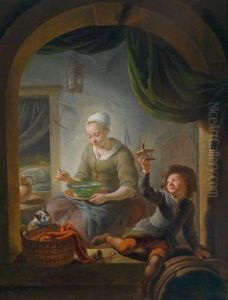 Interieur Mit Einerjungen Frau Und Einem Knaben Mit Einer Mausefalle by Louis de Moni