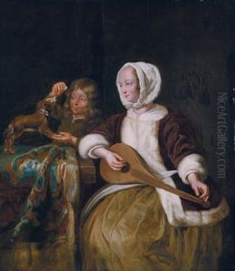 Un""""elegante Suonatrice Di Liuto Accanto A Un Ragazzo E Al Suo Cane by Louis de Moni