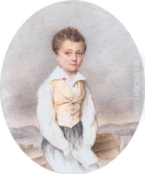 Portrait Of A Young Boy, Small Three-quarter-length, Holding Abook, On A Terrace - view 1