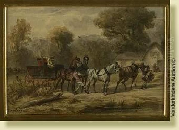 Lahalte De L'equipage Au Relais, Aquarelle Sur Papier. Signee En Basa Gauche Montpezat. Ecole Francaise. Dim.: 8,5x12,5cm - view 1