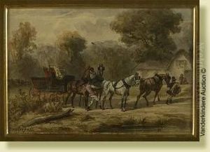 Lahalte De L'equipage Au Relais, Aquarelle Sur Papier. Signee En Basa Gauche Montpezat. Ecole Francaise. Dim.: 8,5x12,5cm by Henri D'Annecy (Comte De) Montpezat