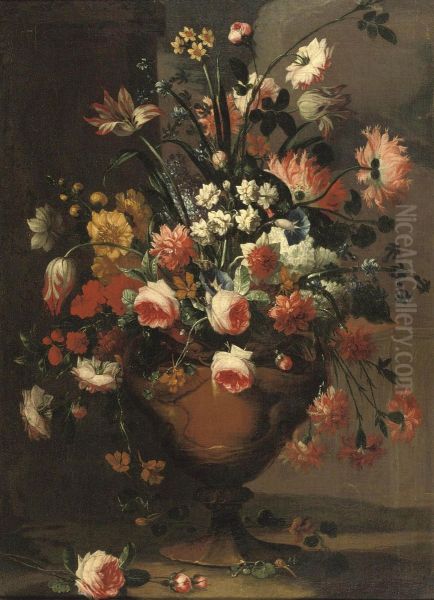 Peonies, Pink Roses, Lilies, Tulips, Daffodils And Various Otherflowers In A Vase - view 1