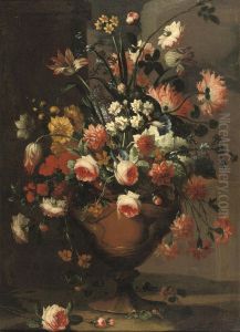 Peonies, Pink Roses, Lilies, Tulips, Daffodils And Various Otherflowers In A Vase by Karel De Moor