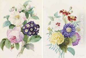Un Bouquet De Roses Et Pivoines; Et Un Bouquet D'oeillets Et Dahlias by Egle Charlotte Leone De Morell D'Aubigny D'Assy