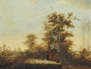 A Wooded River Landscape With Anglers On A Bank