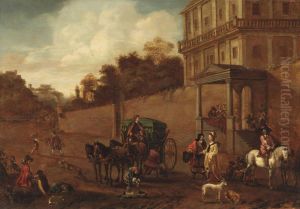 An Elegant Company Near A Carriage Outside The Walls Of A Country House, Hunters Nearby An Elegant Company Near A Carriage Outside The Walls Of A Country House, Hunters Nearby