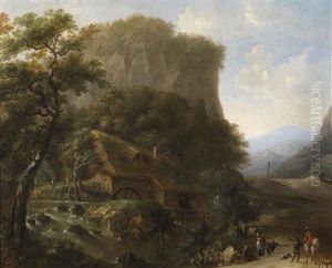 A Mountainous Landscape With A Mill And Travellers
