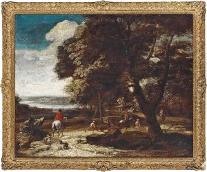 A Wooded River Landscape With Travellers And A Carriage On A Track by Frederick De Moucheron