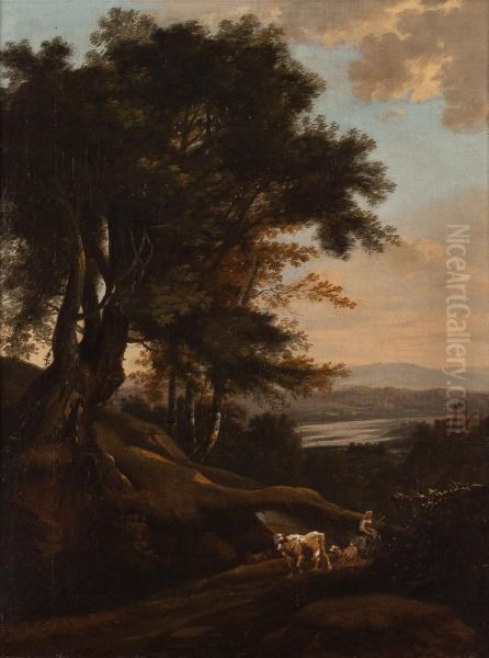 Sudliche Landschaft Mit Hirtin, Vieh Und Ruinen - view 1