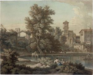 An Italianate Landscape With A Rider Watering His Horse by Isaac de Moucheron