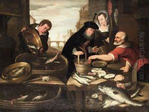 A Fish Stall With A Lady Buying Goods by Aert De Muysere