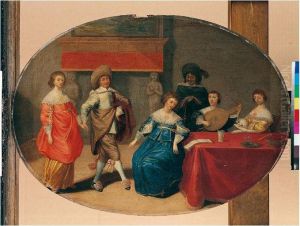 An Interior With Elegant Figures Playing Music, Singing And Dancing