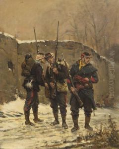 Three Soldiers In Winter by Alphonse Marie de Neuville