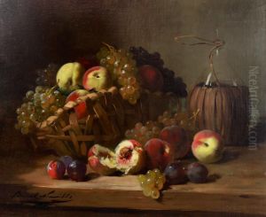 Still Life Of Wine Bottle, Peaches And Grapes