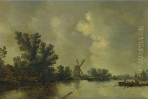 A River Landscape With Fishermen Casting Their Net, A Windmillbeyond - view 1
