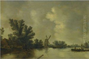 A River Landscape With Fishermen Casting Their Net, A Windmillbeyond by Pieter de Neyn